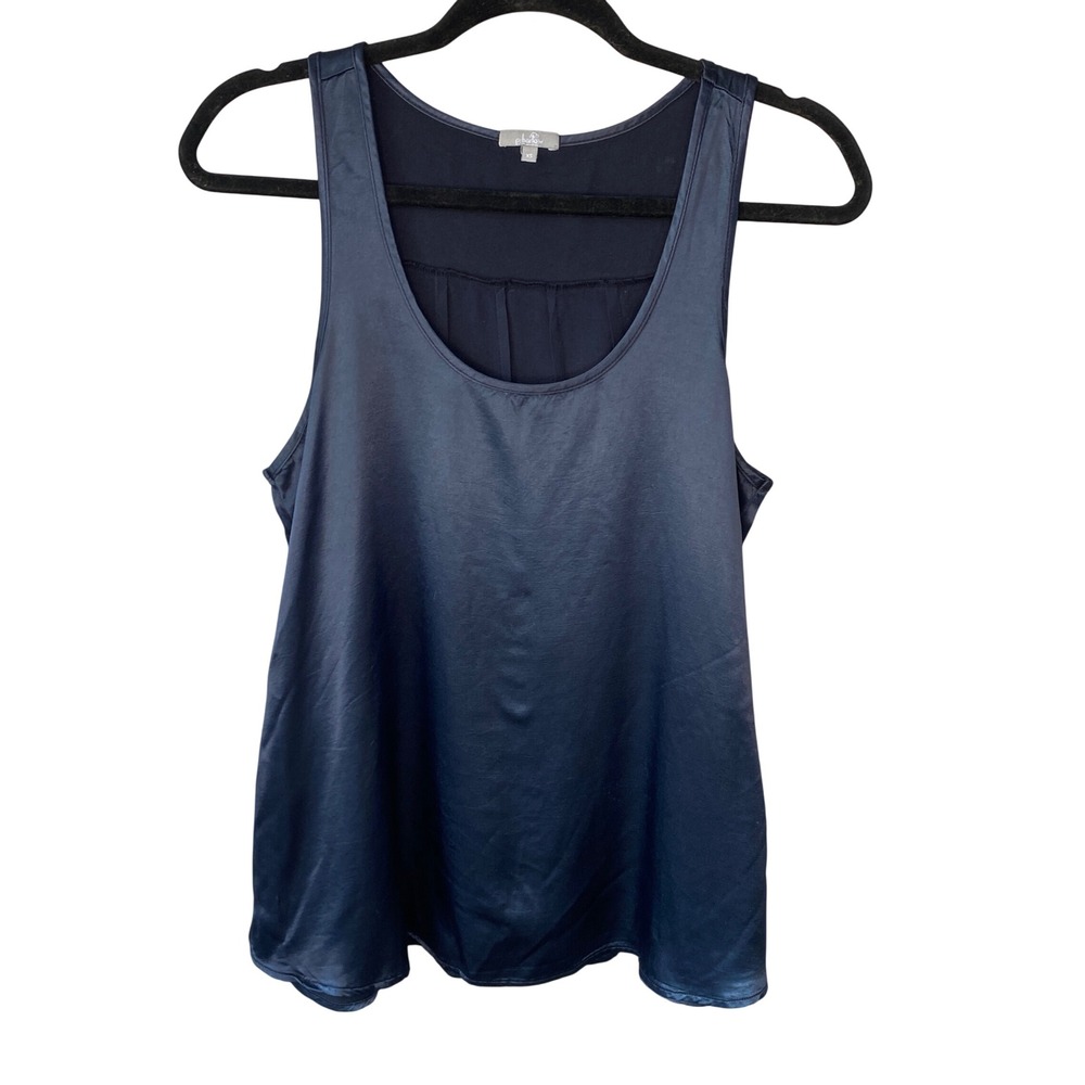 PJ Harlow Navy Blue Satin Scoop Neck Pleated Back Tank Top Womens XS